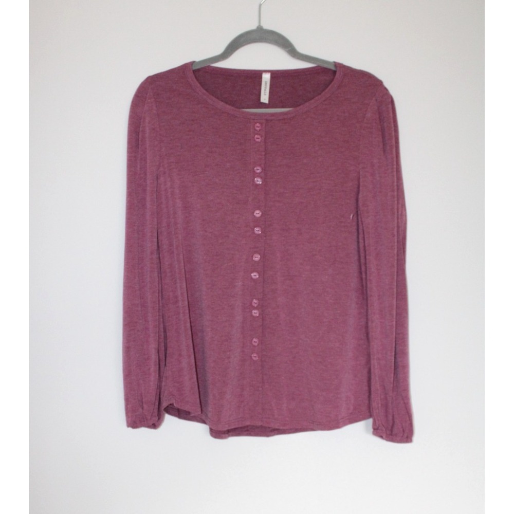 Emerald Women's Long Sleeve Henley Top Berry Pink Button Accent Casual Top Small
